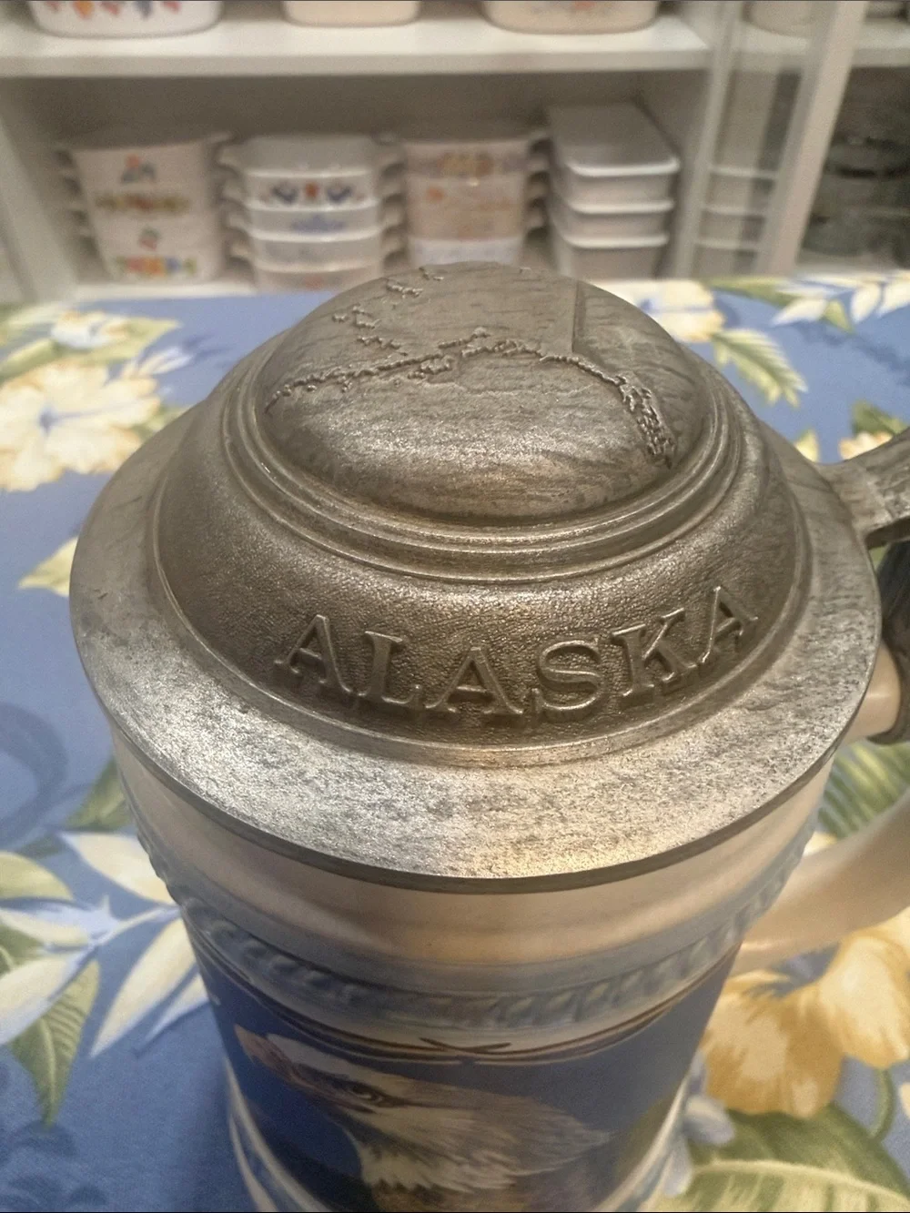 Alaska Ceramic Bald Eagle Beer Stein - Cream and Blue